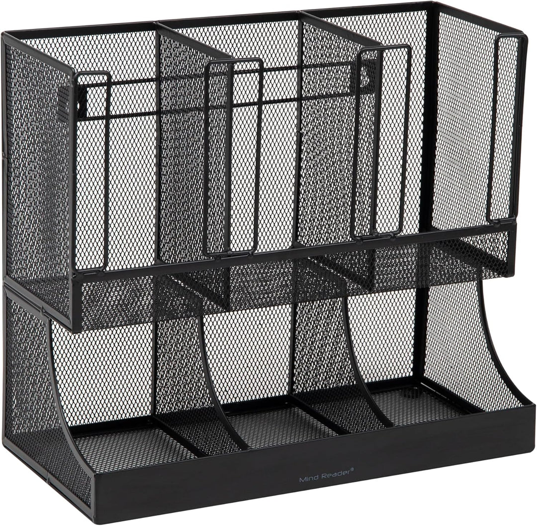 Mind Reader Aufbewahrungsbox für Pausenraum, Kaffee, Gewürze und Tassen, 6 Fächer, schwarzes Metallg