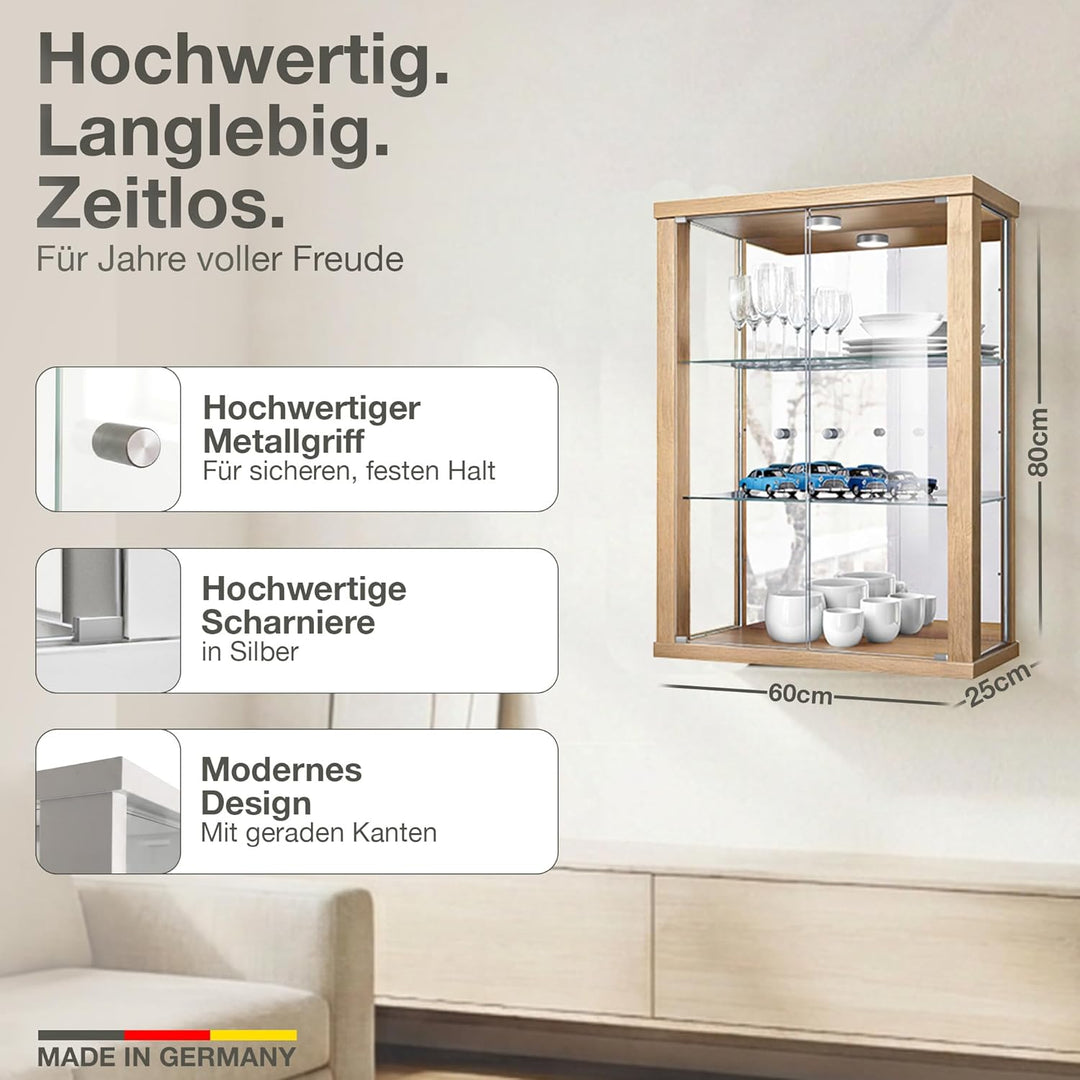 K-Möbel Hängevitrine in Buche (80x60x25 cm) mit 2 höhenverstellbaren Glasböden, Spiegel & LED - Mode