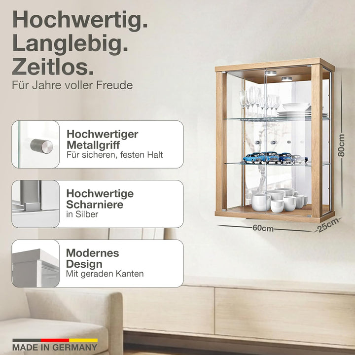 K-Möbel Hängevitrine in Buche (80x60x25 cm) mit 2 höhenverstellbaren Glasböden, Spiegel & LED - Mode