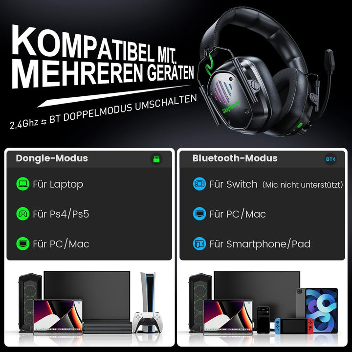 Skapendy VK81 Kabelloses Gaming Headset mit Bluetooth & LED-Licht – Für PS5, PC, Mac, Switch – Über