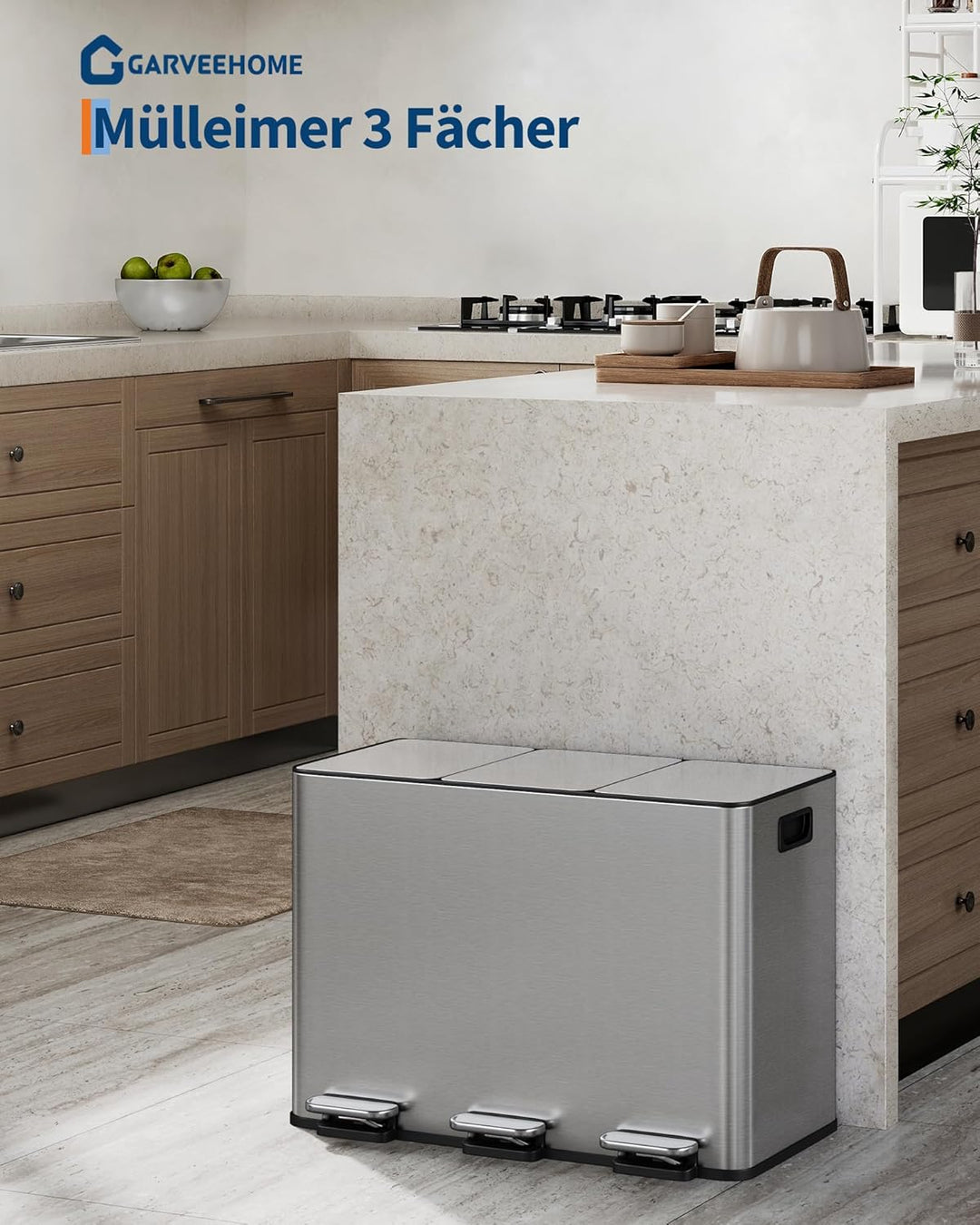 Zstar Mülleimer Küche 3 × 15 L, Mülltrennsystem mit 3 Fächern, Tretmülleimer mit Edelstahldeckel, So
