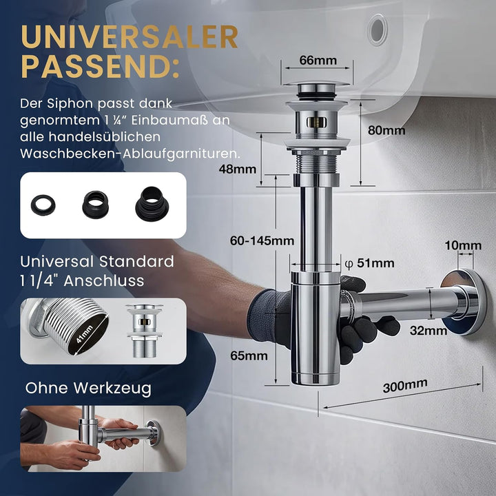 Wasserrhythm Universal Siphon mit Ablaufgarnitur für Waschbecken und Waschschalen mit Überlauf, Chro