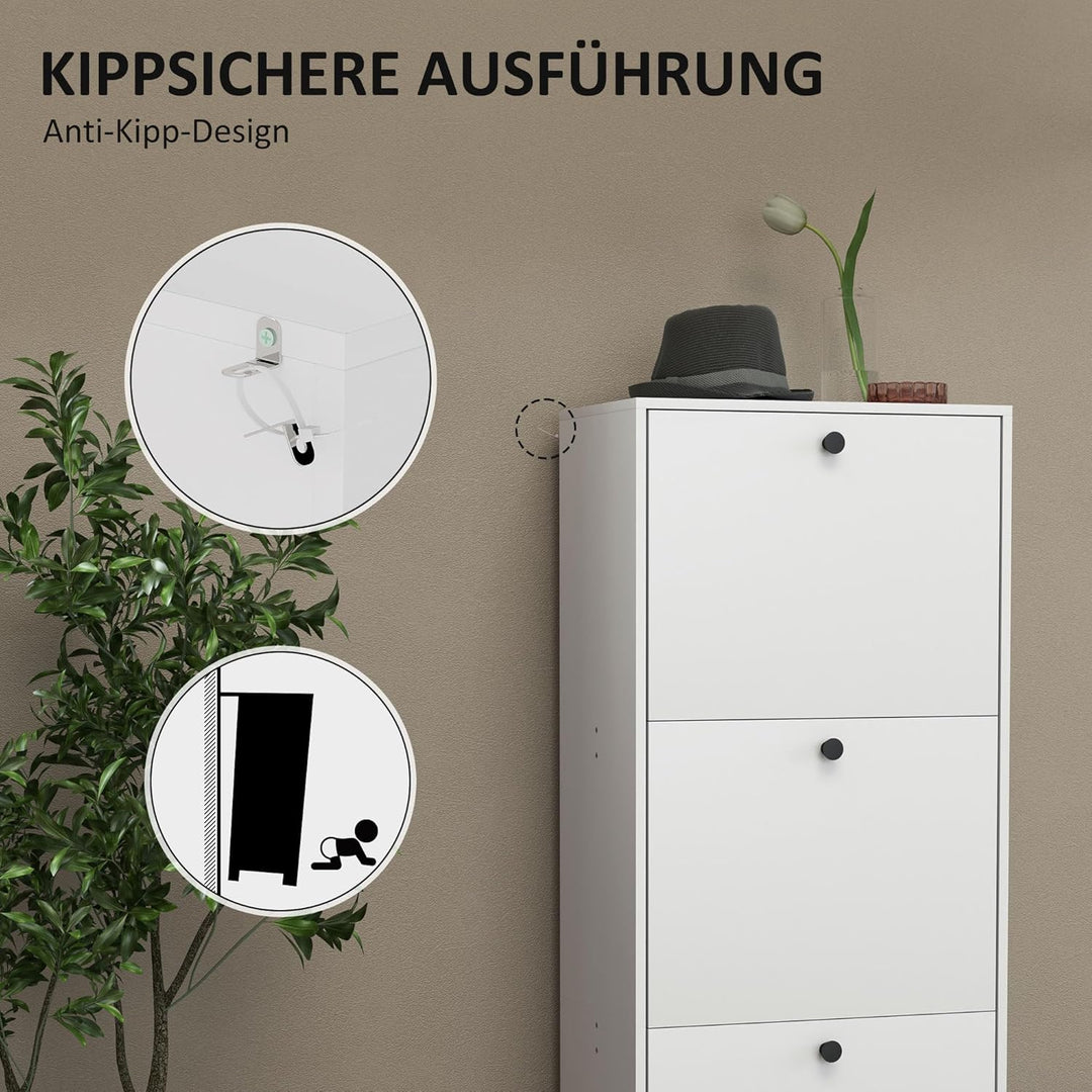 HOMCOM Schuhschrank mit 3 Klappen, Schuhregal mit Verstellbar Trennwand, Schuhkommode Schmal Schuhki