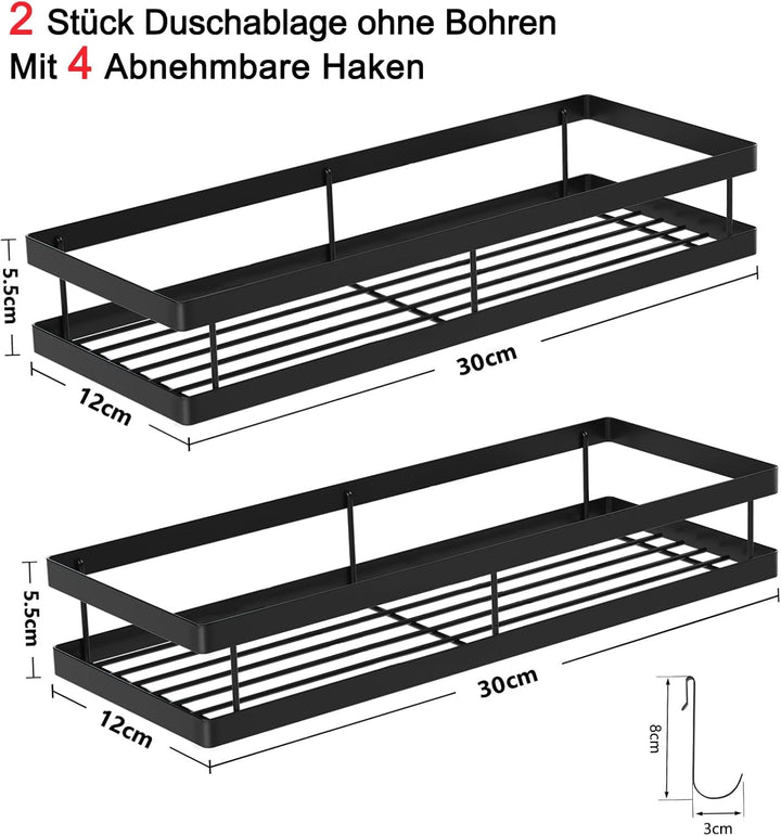 Duschablage ohne Bohren, 2 Stück Badezimmer Organizer, Rostfreie Duschregal Schwarz Badregal Shampoo