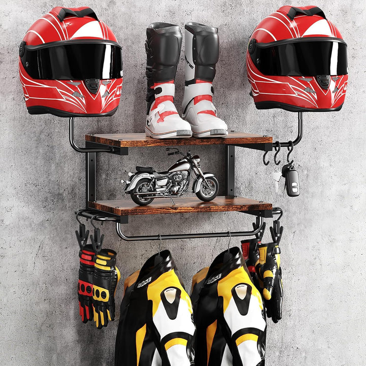 Motorradhelm Halterung Wand für 2 Helme, Motorrad Garderobe Wand mit Kleiderbügel und Haken, 30 kg T