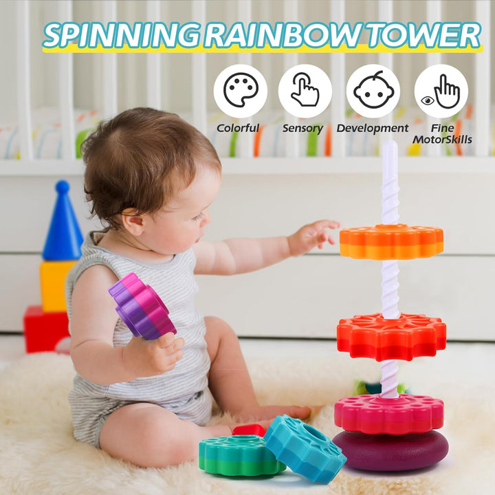 Drehendes Stapelspielzeug – Regenbogen-Turm, stapelbares Spinnspielzeug, Lernspielzeug für Kleinkind
