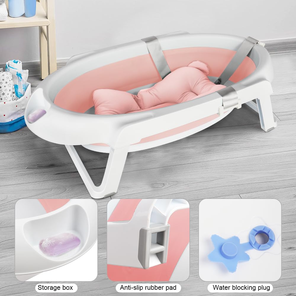 Faltbare Babybadewanne – Babybadewanne mit einem Badewannenkissen, mit Ablaufgarnitur, faltbare Bade