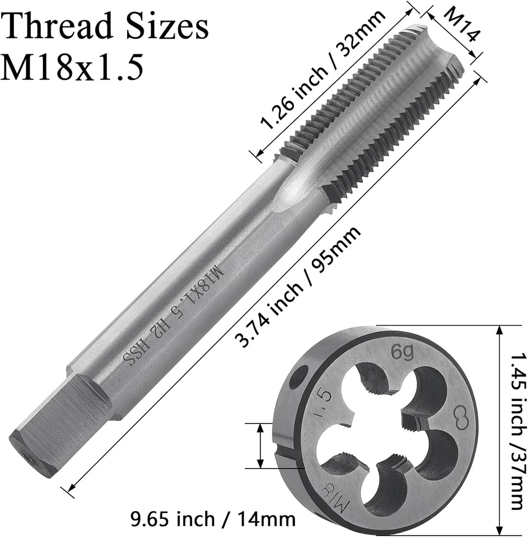 Gewindeschneid M18 x 1.5mm, HSS Gewindebohrer und Schneideisen Set, Rechtsgewinde Feingewinde Schnei