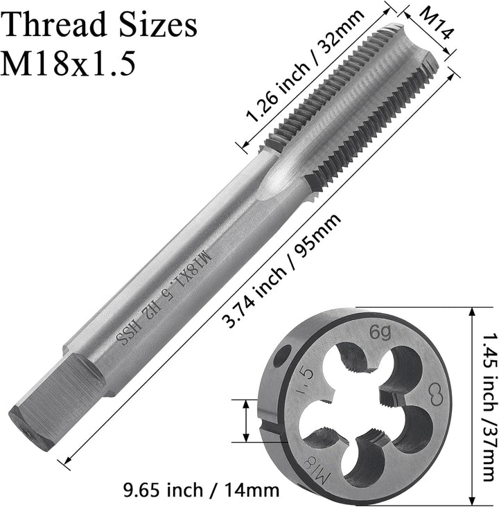 Gewindeschneid M18 x 1.5mm, HSS Gewindebohrer und Schneideisen Set, Rechtsgewinde Feingewinde Schnei