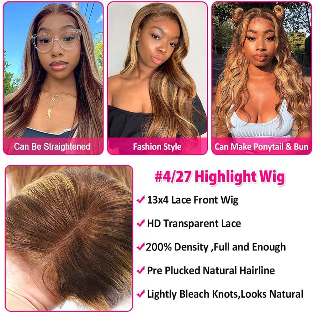 Highlight Lace Front Wig Human Hair Transparent 13X4 Lace Frontal Wigs Body Wave Colored Ombre P4/27