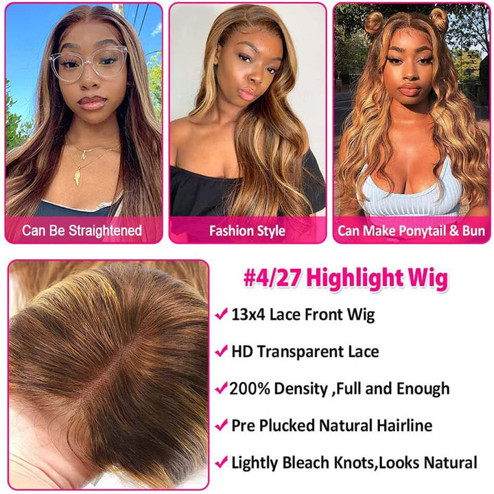 Highlight Lace Front Wig Human Hair Transparent 13X4 Lace Frontal Wigs Body Wave Colored Ombre P4/27