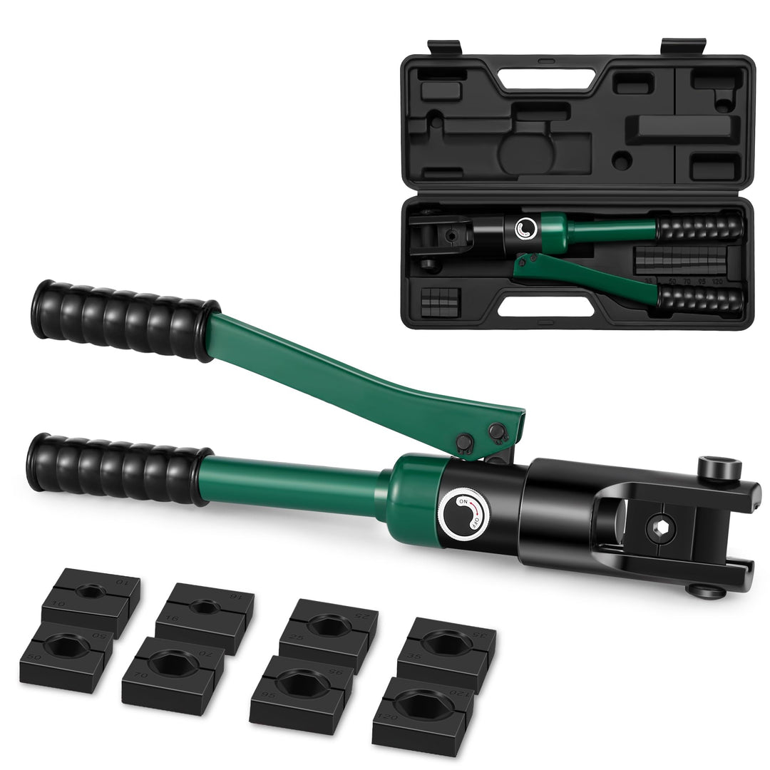 Hydraulische Kabelschuh-Crimpzange 10–120 mm², Werkzeugsatz für elektrische Anschlusskabel mit 8 Mat