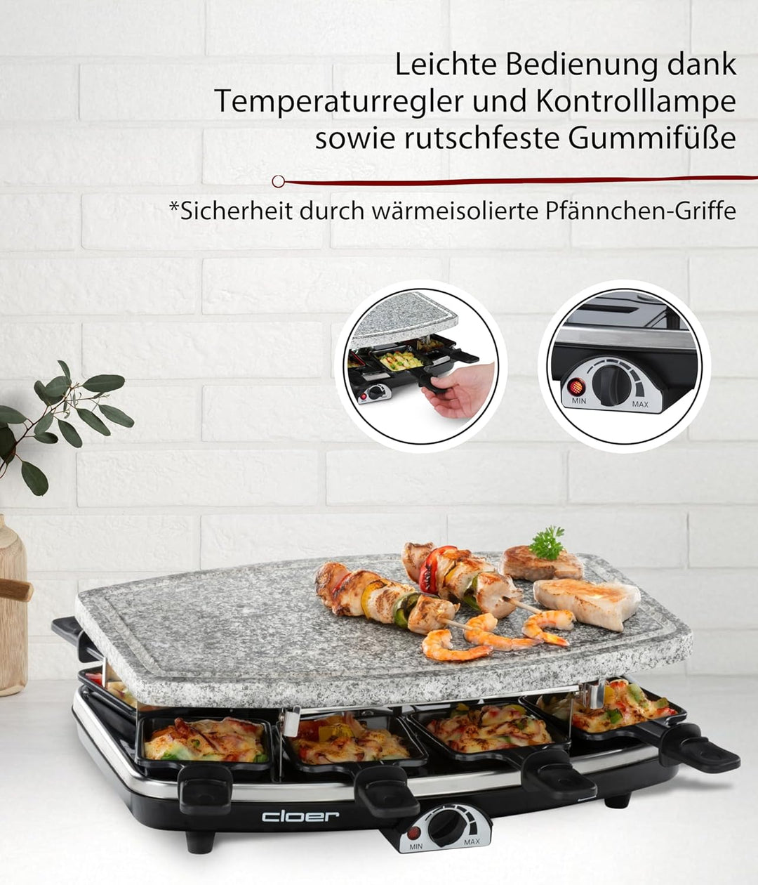 Cloer 6430 Raclette-Grill mit Naturstein, (1200 Watt, 8 Pfännchen antihaftbeschichtet mit wärmeisoli