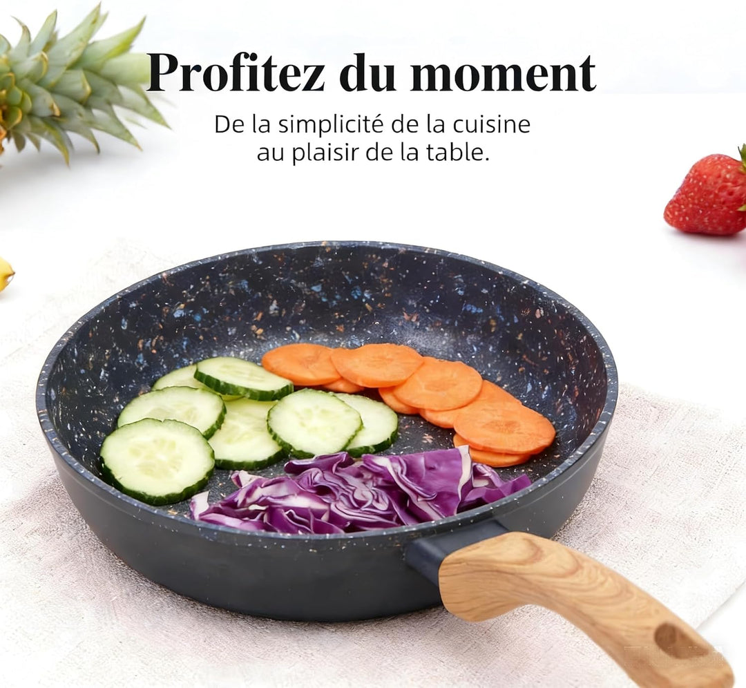 Topf & Pfanne Set grosse Bratpfanne - keramikbeschichteter Aluminiumholzgriff, alle Herdplatten (3,