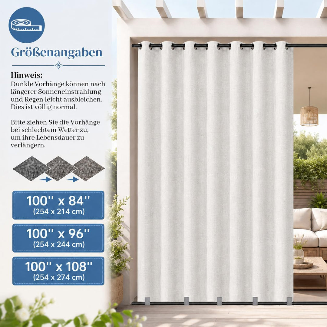 Rosnek Outdoor Vorhang Wetterfest Extra Breit B254 x H244 cm, 100% Blickdicht Winddicht mit Ösen Obe