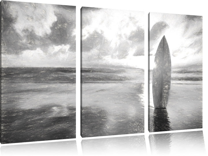 Pixxprint Surfbrett am Strand / 3-Teilig/Gesamtmass 120cm Leinwandbild bespannt auf Holzrahmen/Wandb