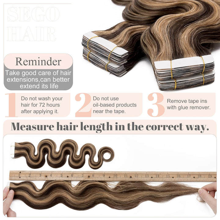SEGO Tape Extensions Echthaar GEWELLT 16zoll/40cm 20 Stück Klebeband Haarverlängerung 50G mit 10 PCS