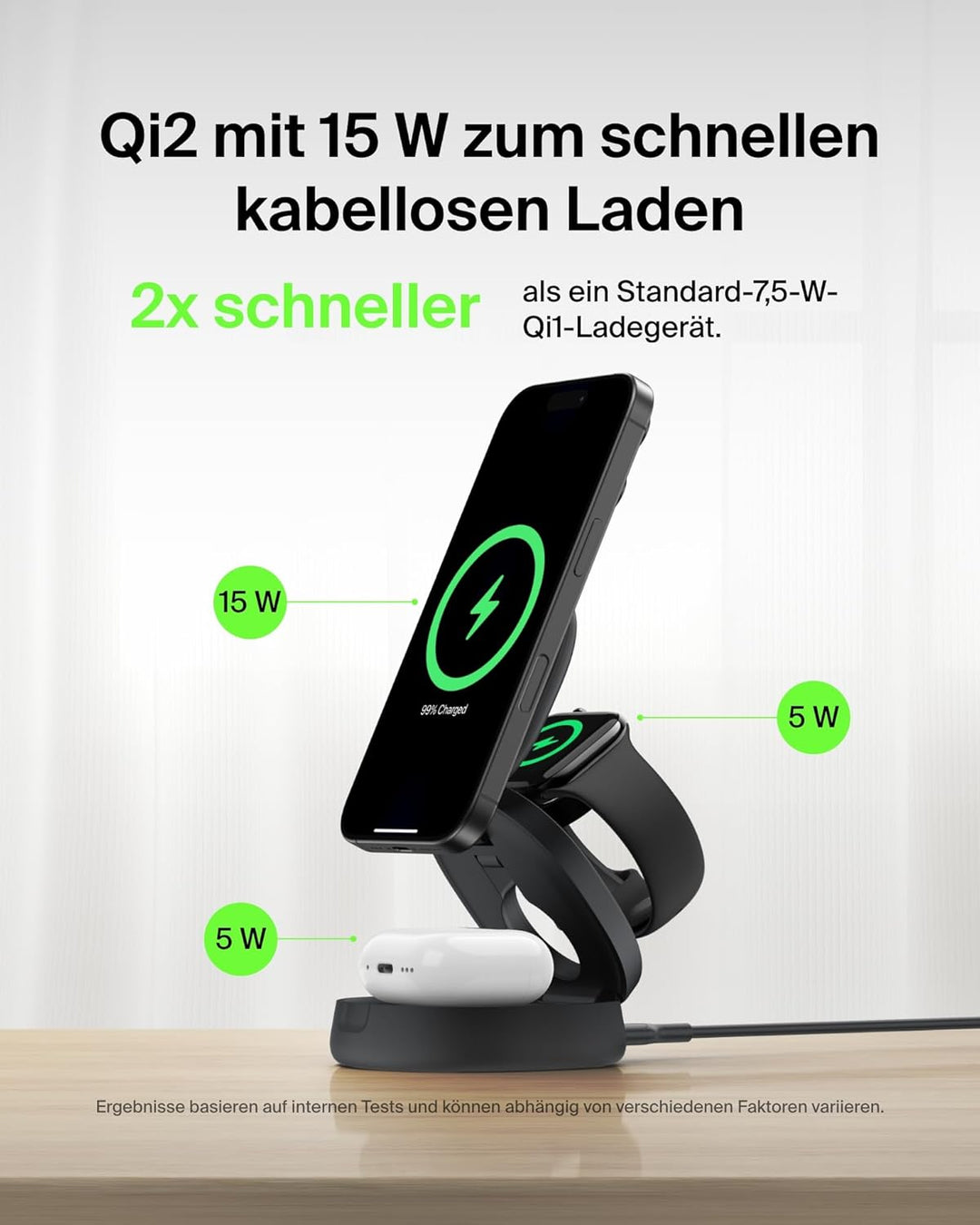 Belkin BoostCharge 3-in-1 Induktive Ladestation mit Qi2, 15W, MagSafe-kompatibles Ladegerät, Kabello