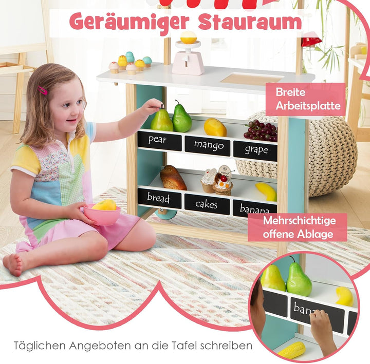 DREAMADE Kinder Eiswagen mit 6 Spielzeug-Eiscreme, Kaufladen aus Holz mit 2 Rädern und Markise, Eink