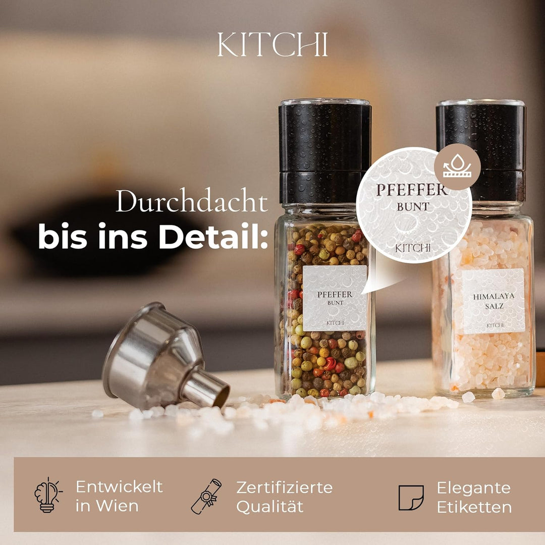 KITCHI Gewürzgläser Eckig Set 24 Stück – Bambus Deckel, inkl. 2 Mühlen für Salz & Pfeffer | Gewürzdo