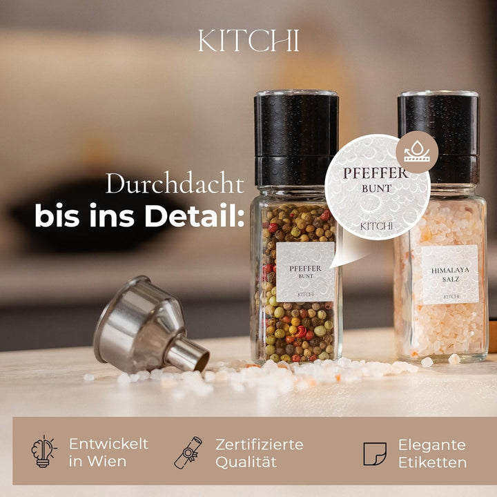 KITCHI Gewürzgläser Eckig Set 24 Stück – Bambus Deckel, inkl. 2 Mühlen für Salz & Pfeffer | Gewürzdo