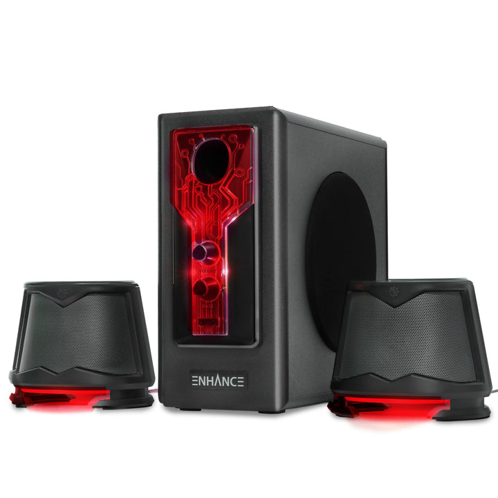 ENHANCE SB 2.1 Computerlautsprecher mit Subwoofer – Rot LED-Gaming-Lautsprecher, High-Excursion-Soun