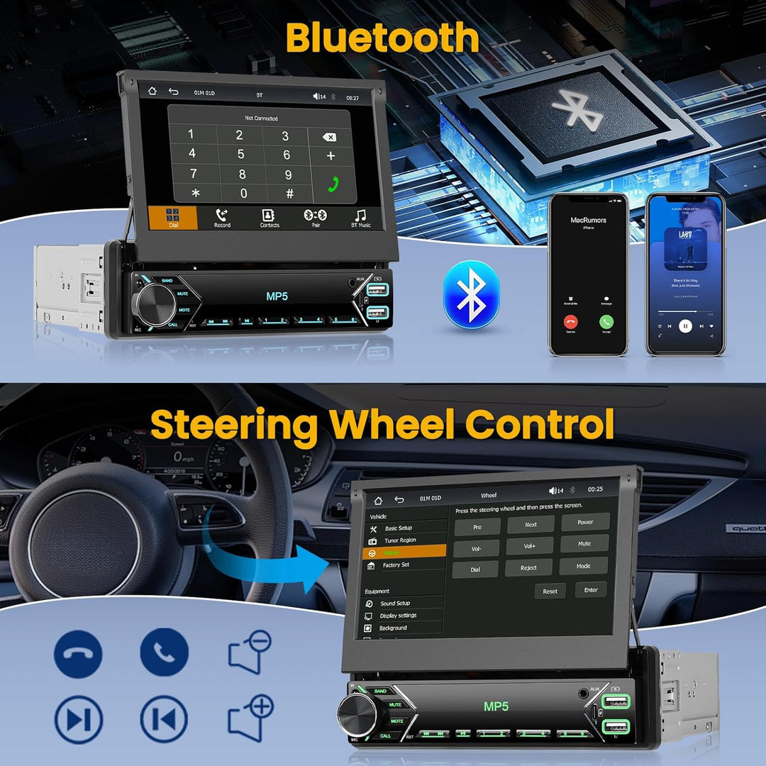 Hikity 1 Din Autoradio mit 7 Zoll Flip Out Motorisierte Touchscreen Autoradio mit Bluetooth Radio Rü
