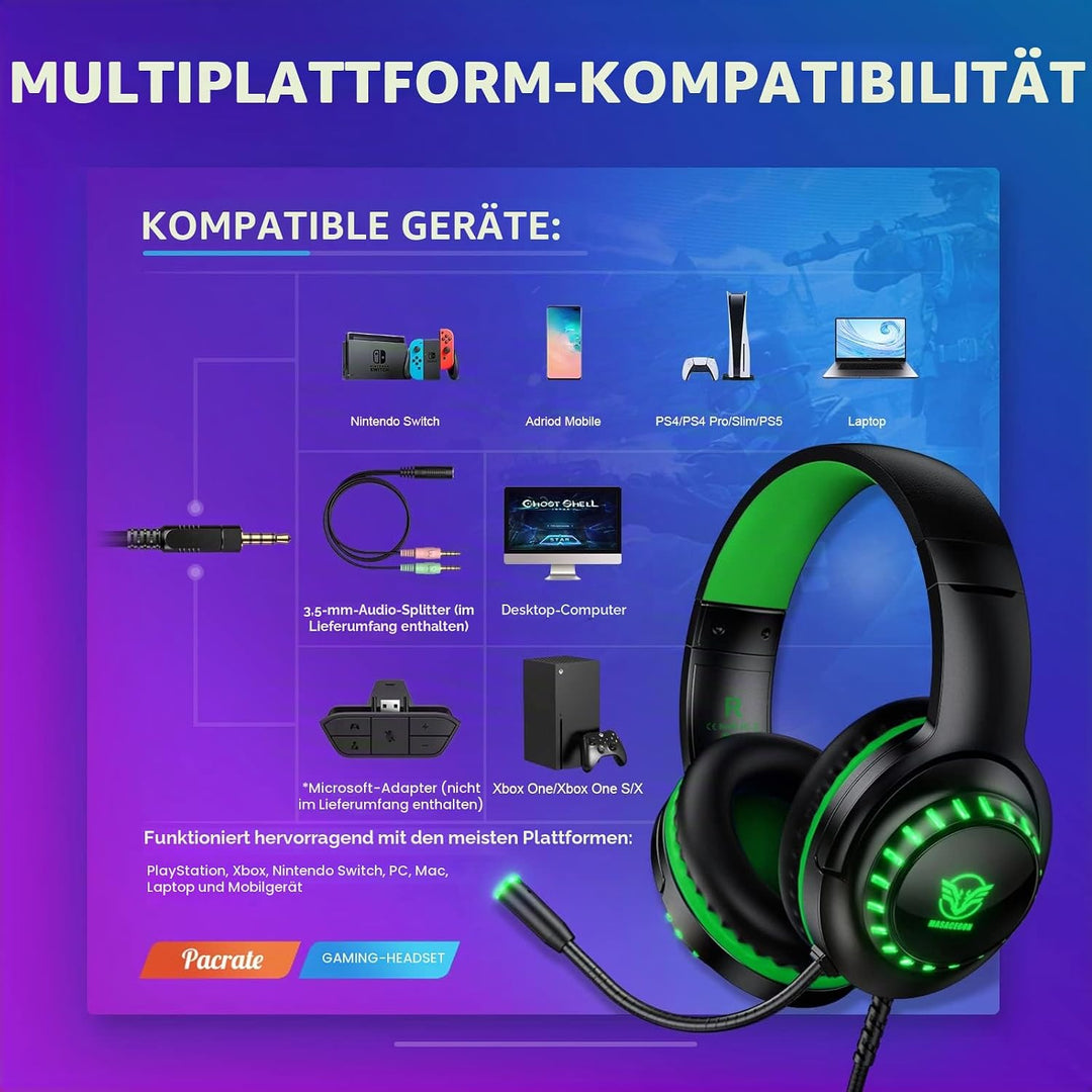 Pacrate Gaming Headset für PS4/PS5/Xbox One/PC/Nintendo Switch, PS4 Kopfhörer mit Kabel Xbox Headset