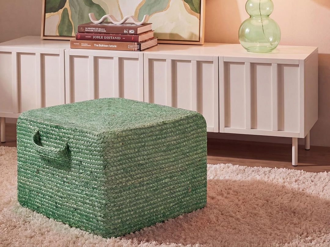 Pouf aus Jute grün 45x45x30 cm Sitzhocker im Boho Stil Dhadar