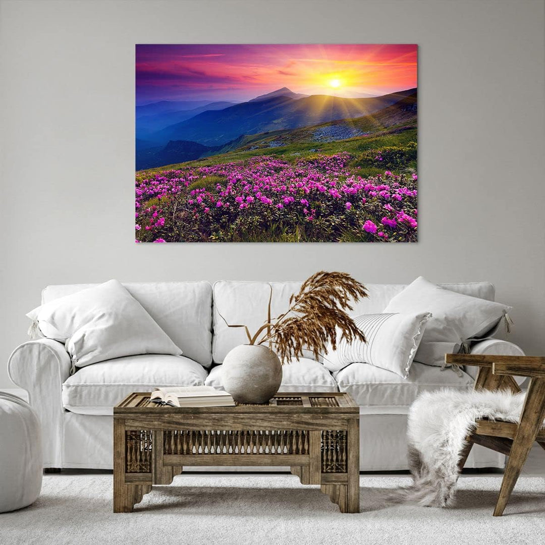 ARTTOR Bilder auf Leinwand 100x70cm Leinwandbild Wiese Berge Landschaft Gross Wanddeko Bild Schlafzi