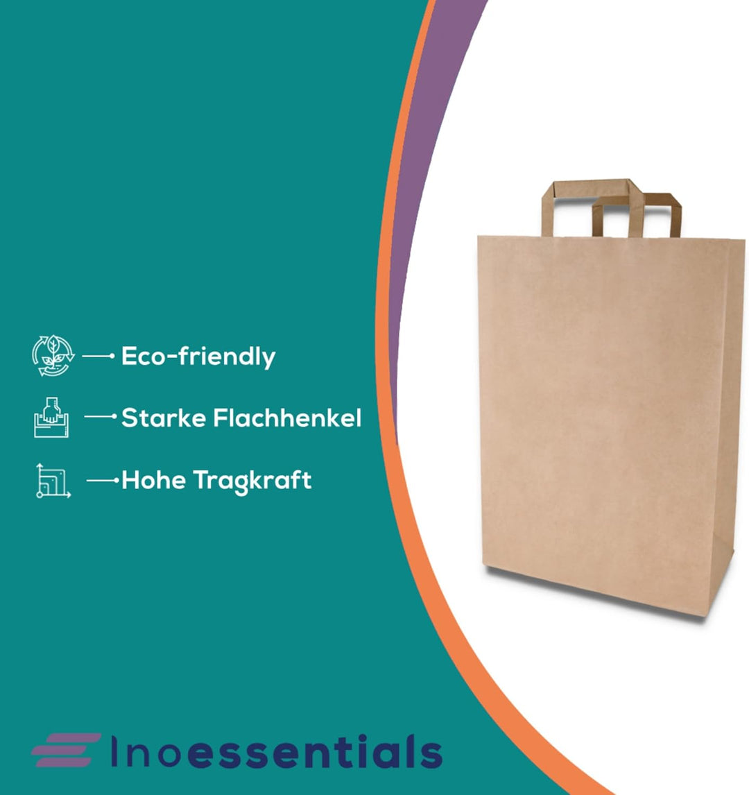 Inoverse 250 Stück Papiertragetaschen, Geschenktüten, 32+16x44 cm Papiertüten mit Henkel, Braun Kraf