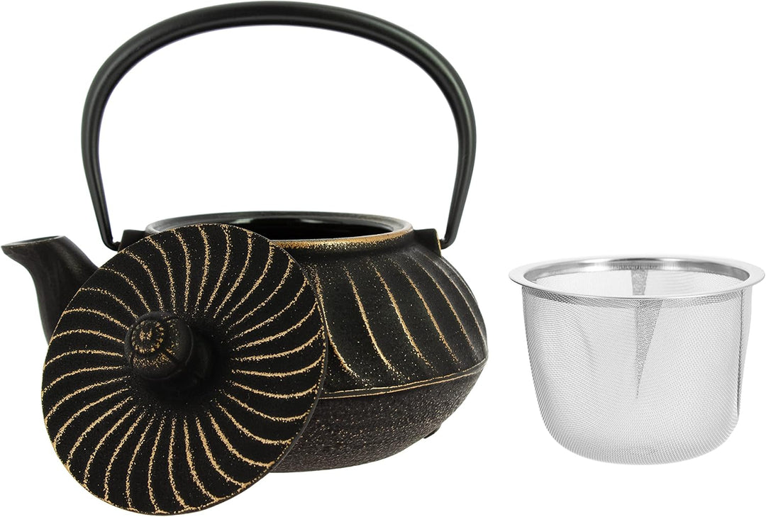 Iwachu Nambu Tekki Japanische Gusseisen-Teekanne Nami, Schwarz, Gold, 650 ml