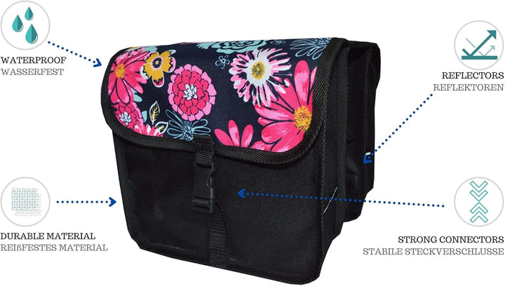 Beluko FAHRRADTASCHE Kinder Satteltasche Gepäckträgetasche Doppel 2 x 5l (8. Mini - Blumen)