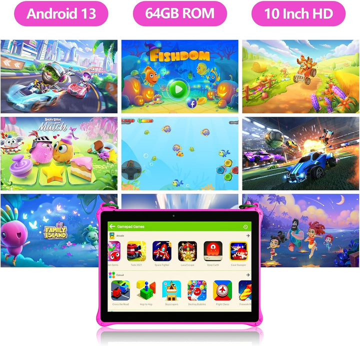 PRITOM 10 inch Kids Tablet Android 13 Tablets with Lanyard 64GB, 512GB Expand, Toddler Tablet for Ki