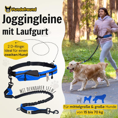 Hundefreund Joggingleine mit Bauchgurt | Blaue Freihandleine mit Dehnung und Ruckdämpfung für mittle