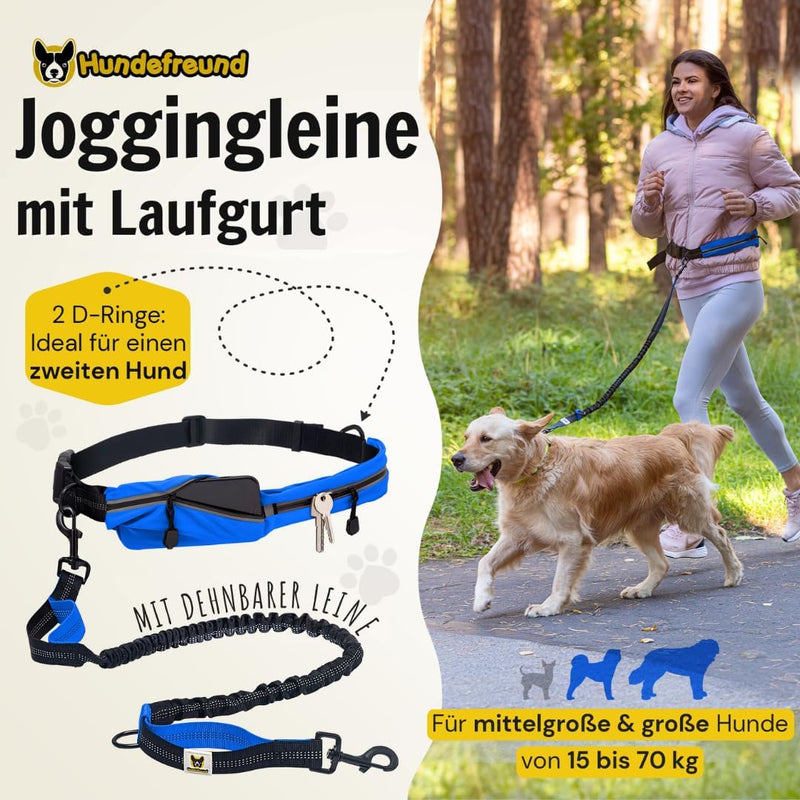Hundefreund Joggingleine mit Bauchgurt | Blaue Freihandleine mit Dehnung und Ruckdämpfung für mittle
