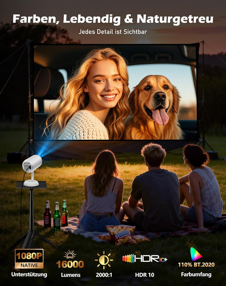 VGKE Mini Beamer mit Android-App, 3D TOF-Autofokus, Automatische Trapezkorrektur, 16000 Lumen Full H