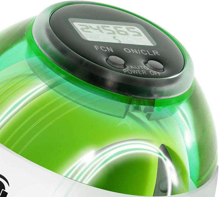 Powerball Max Green, gyroskopischer Handtrainer mit grünem Lichteffekt inkl. Drehzahlmesser, transpa