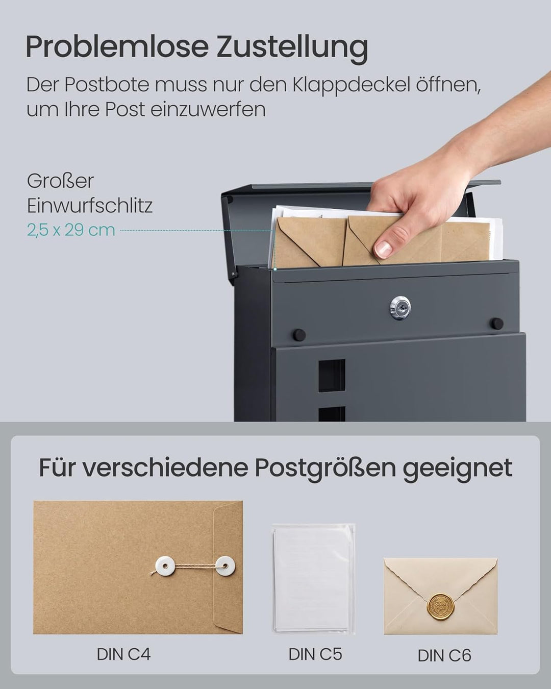 SONGMICS XL Briefkasten, Postkasten mit Zeitungsfach, 9,5 x 29 x 31 cm, Aufkleber gegen unerwünschte
