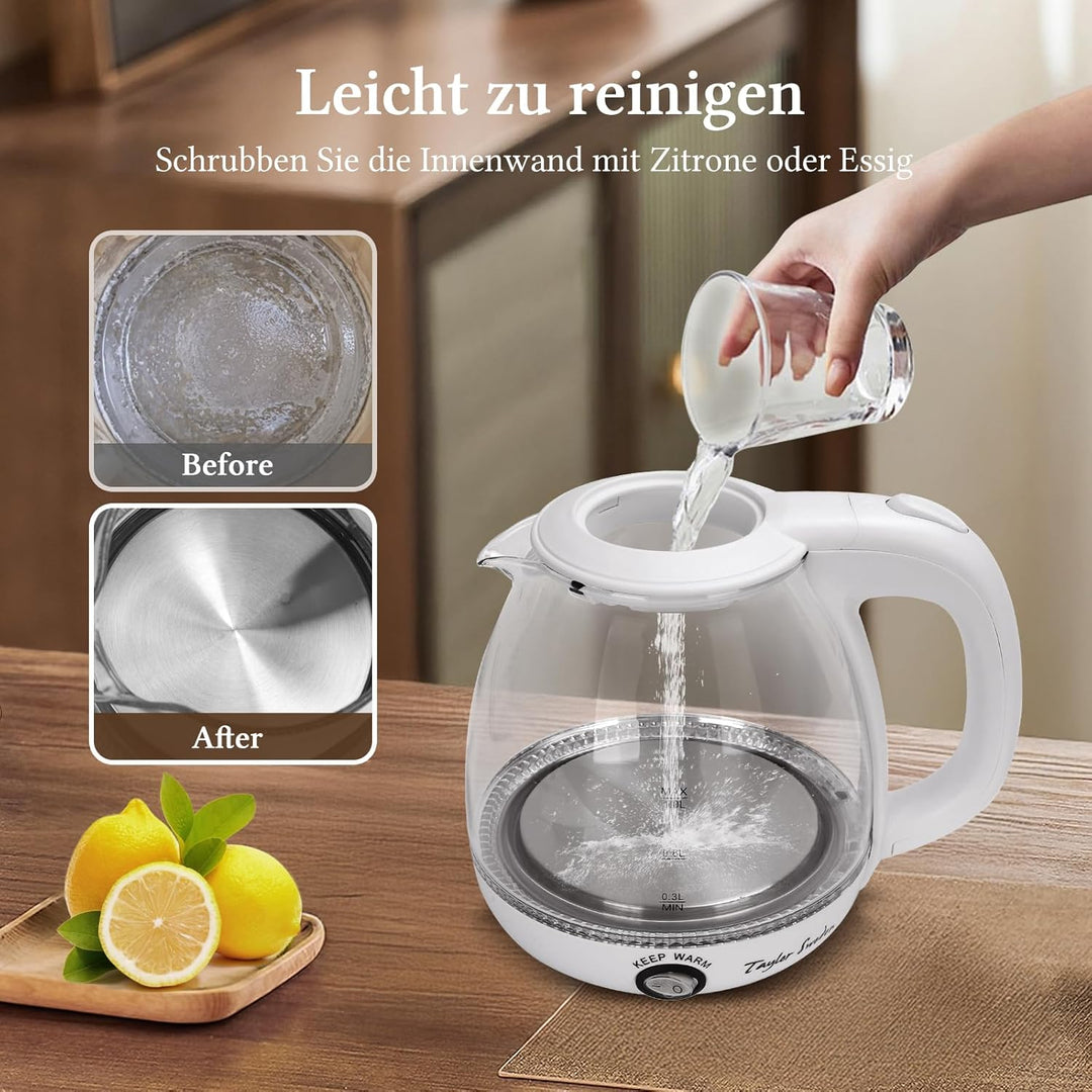Taylor Swoden Wasserkocher Glas 1 Liter, 2200 W, Elektrischer Wasserkocher mit LED-Beleuchtung, BPA-