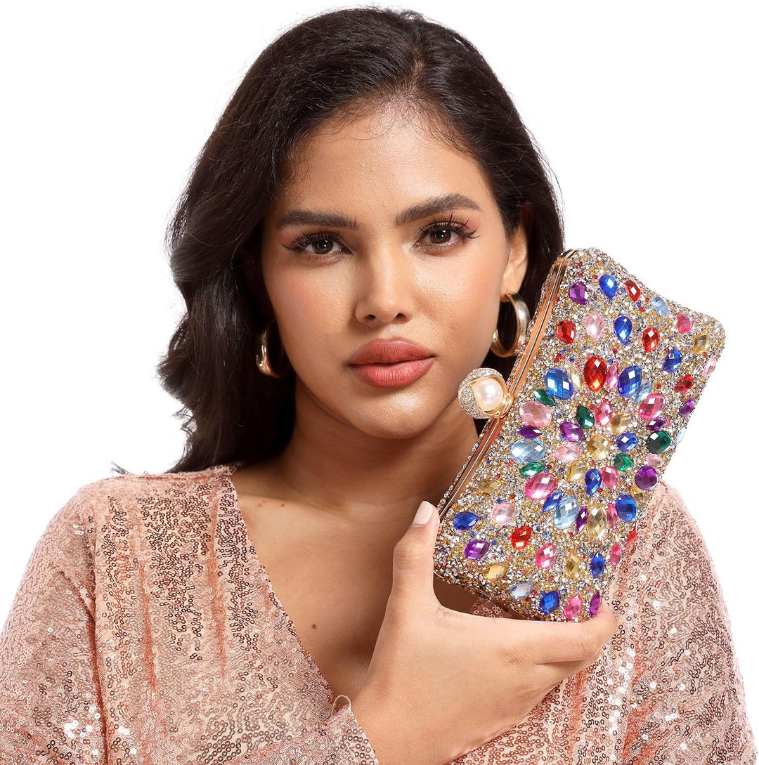 Boutique De FGG Pearl Clasp Crystal Clutch Purses for Women's Evening Handbags Wedding Party Rhinest