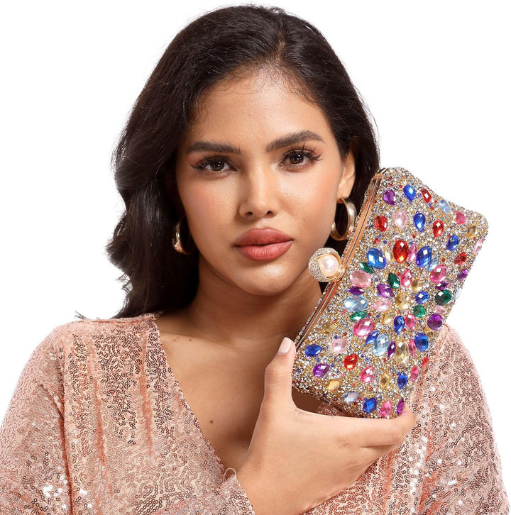 Boutique De FGG Pearl Clasp Crystal Clutch Purses for Women's Evening Handbags Wedding Party Rhinest
