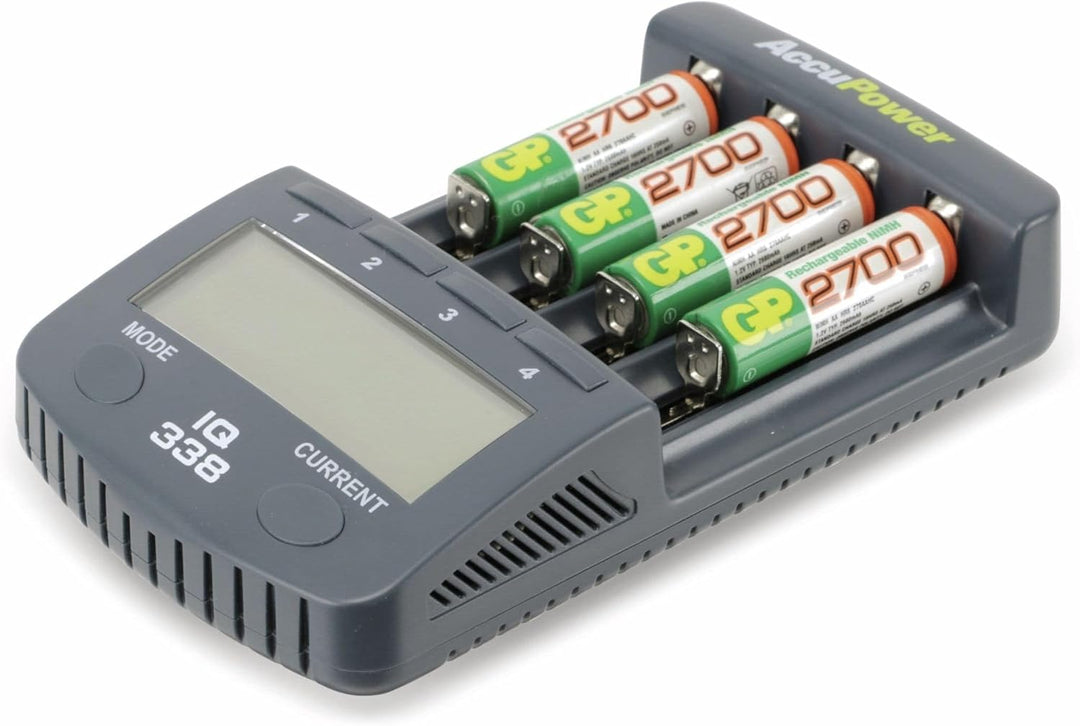 AccuPower IQ-338 IQ338 Rundzellen-Ladegeraet NiCd, NiMH, LiIon 10340, 10350, 10440, 10500, 12500, 12