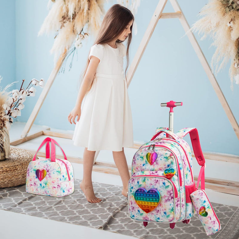 HTgroce Schulranzen mit Rollen für Mädchen Pop it Rucksack 16 Zoll Set 3 in 1 mit Lunch Bag Kinderga