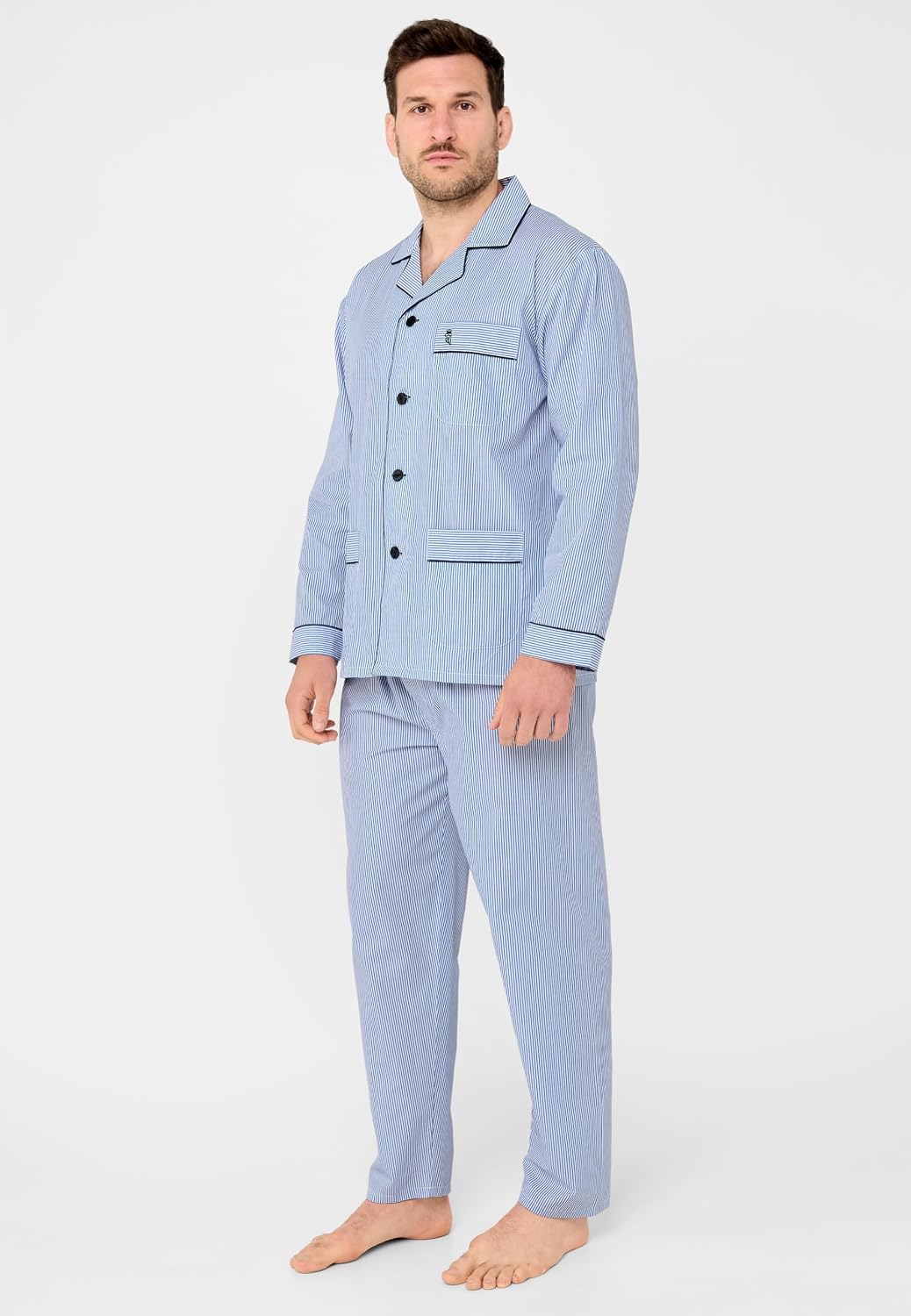 El Búho Nocturno Schlafanzug Herren Lang Baumwolle Pyjama Für Herren Klassisch Revers Knopfjacke Kar