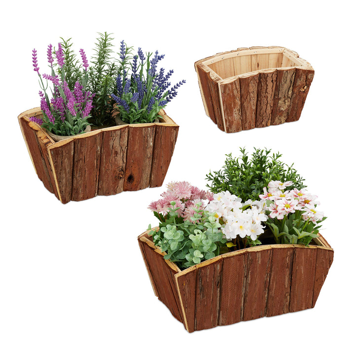 Relaxdays Blumenkasten 3er Set, natürliches Holz mit Rinde, Garten, Terrasse &amp; Fensterbank, Deko zum