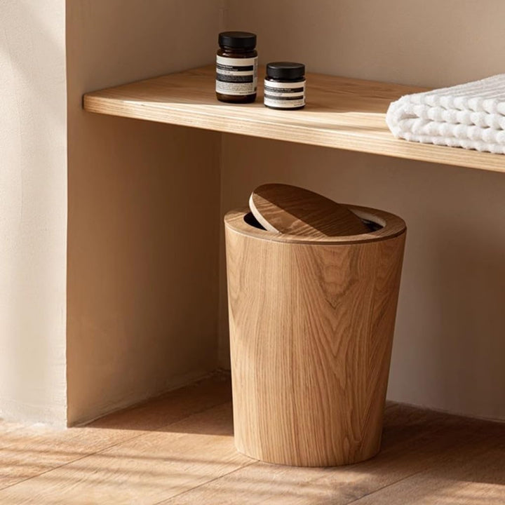 MKYOKO Runder Mülleimer, Holz-Mülleimer mit Deckel, Müllrecyclingbehälter, Abfallbehälter, Papierkor