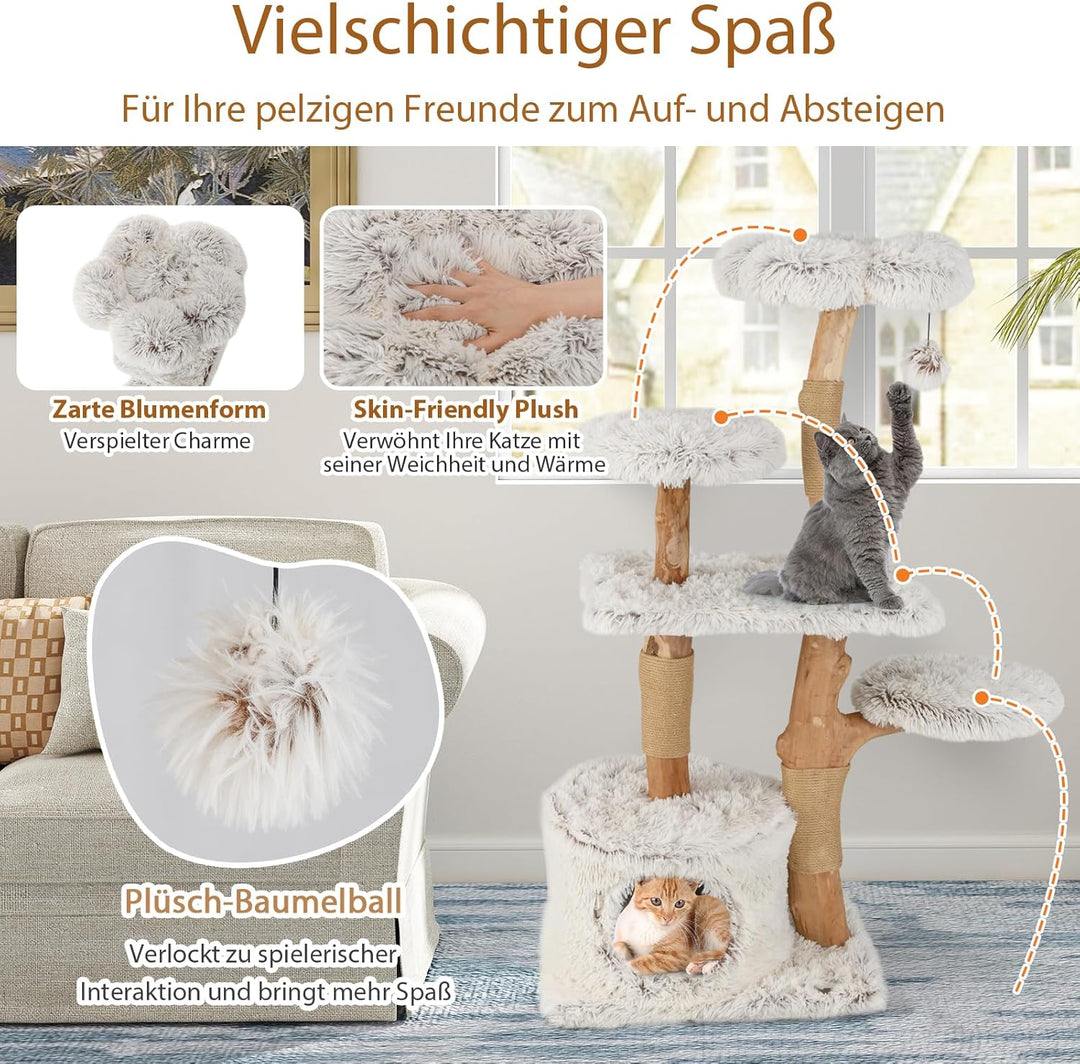 SOARS Kratzbaum Holz, Katzenbaum mit 2 natürlichen Birnbaumstämmen, Sitzplattform & Plüschflächen, S