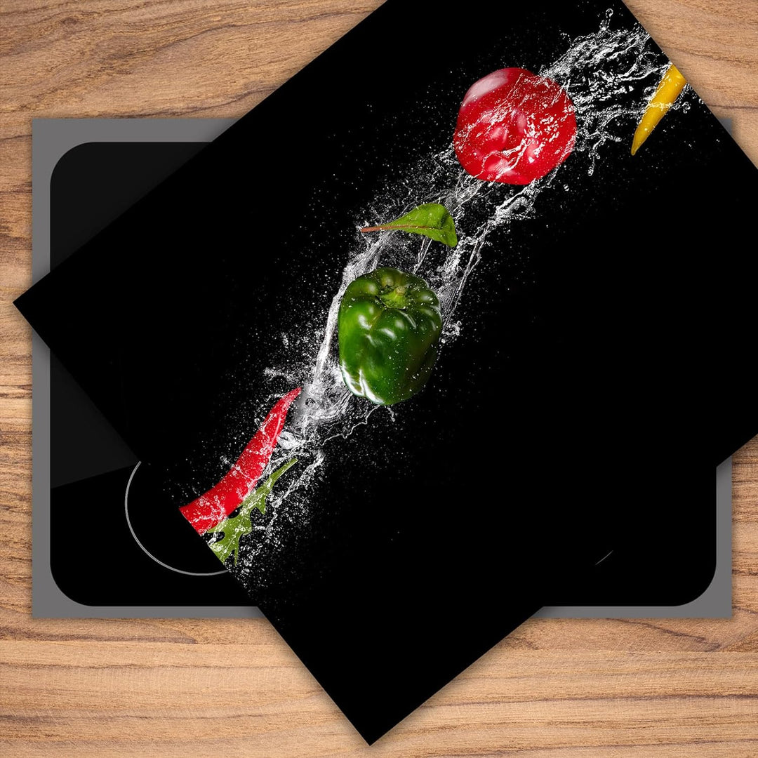 SmartDecoration Herdabdeckplatte Ceranfeldabdeckung aus Glas 60x52 cm Einteilig Motiv "Gemüse" Schwa