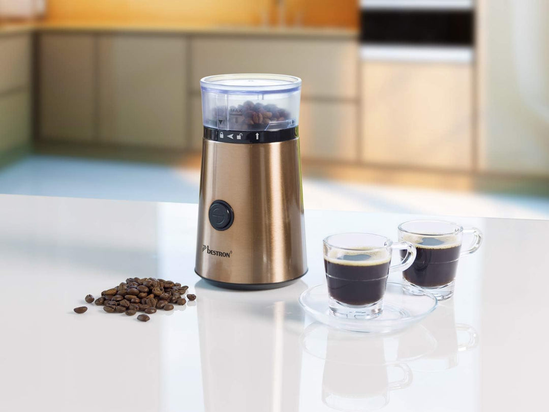 Bestron Elektrische Kaffeemühle mit Edelstahl-Schlagmesser, Füllmenge: 50g, 150 W, Edelstahl in Kupf